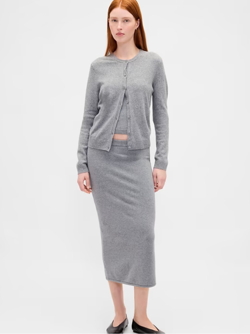 🆕 Set GAP Grey Knit Midi Skirt, Cardigan and Short Sleeve Sweater - tall
